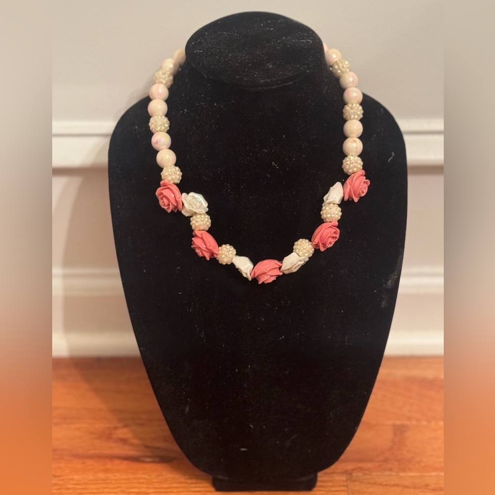 Handmade pink flowers and pearl beaded necklace